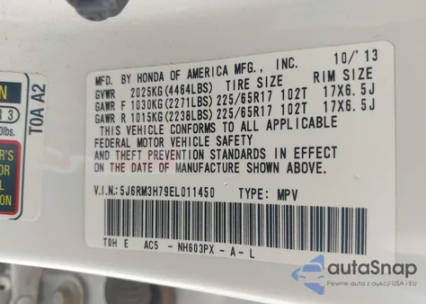 2014 Honda Cr-V Ex-L from USA, damaged, VIN 5J6RM3H79EL011450